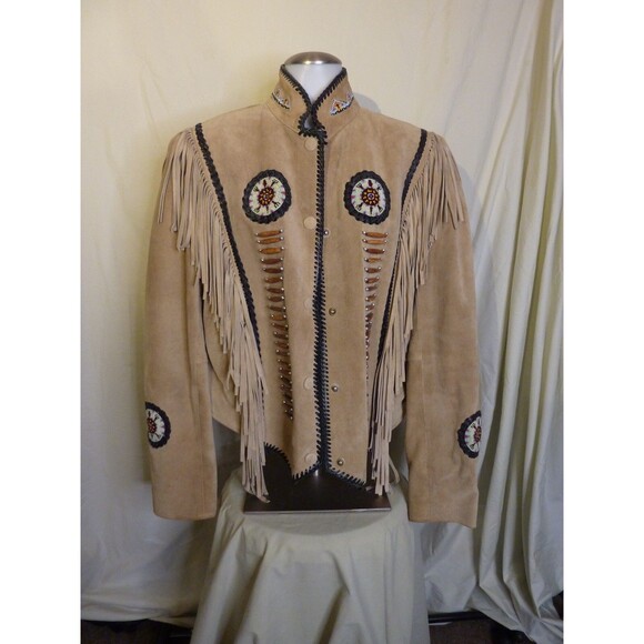 Western Jackets & Blazers - VTG 70-80's Tan Leather Short Jacket Bone Beaded-Fringe-Western-Snaps-Women-L